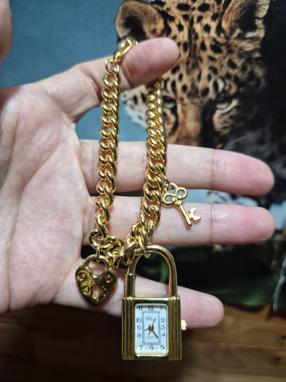 Vintage Gold Padlock Bag Charm with Heart & Key